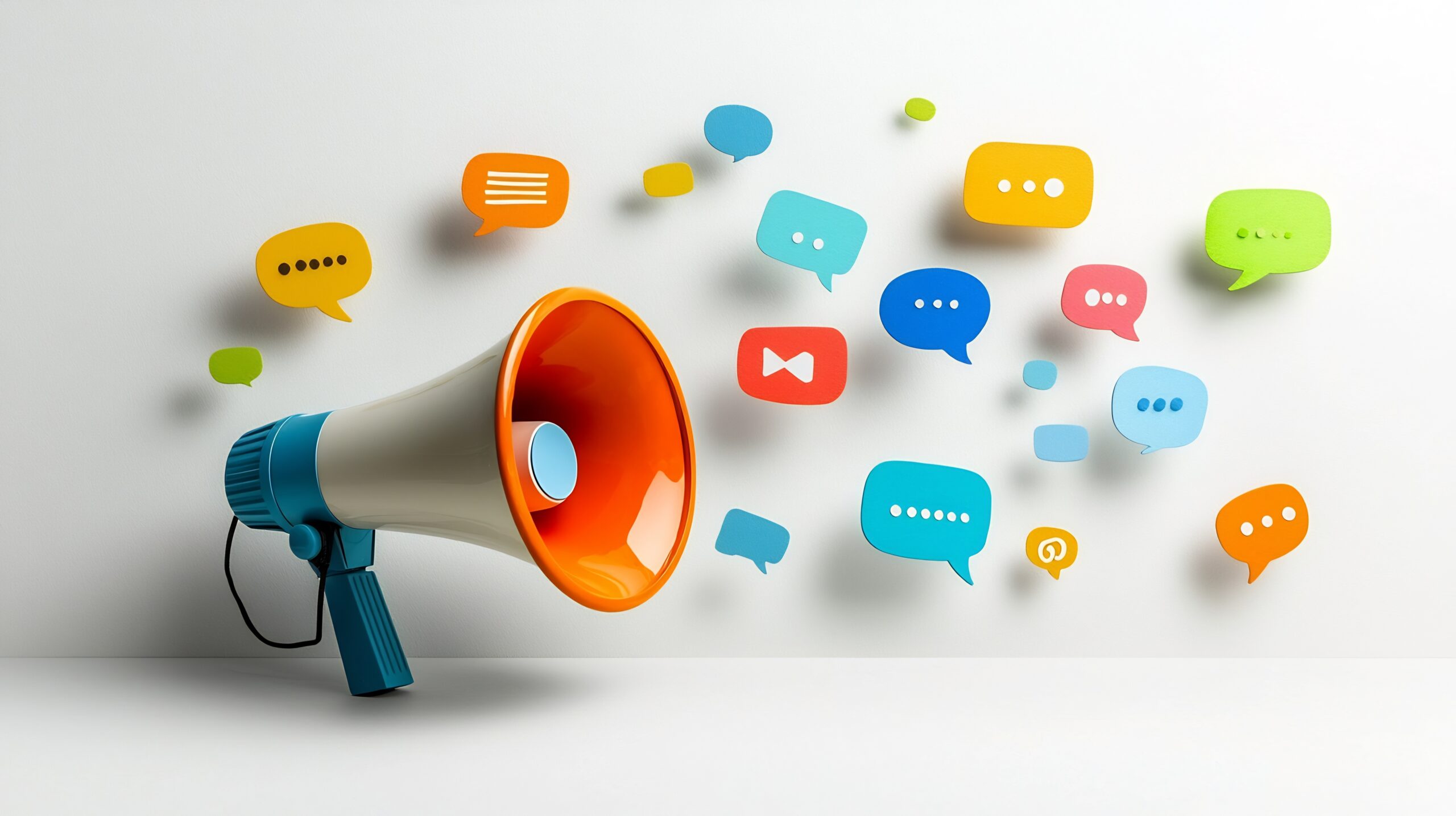 A megaphone surrounded by icons representing communication