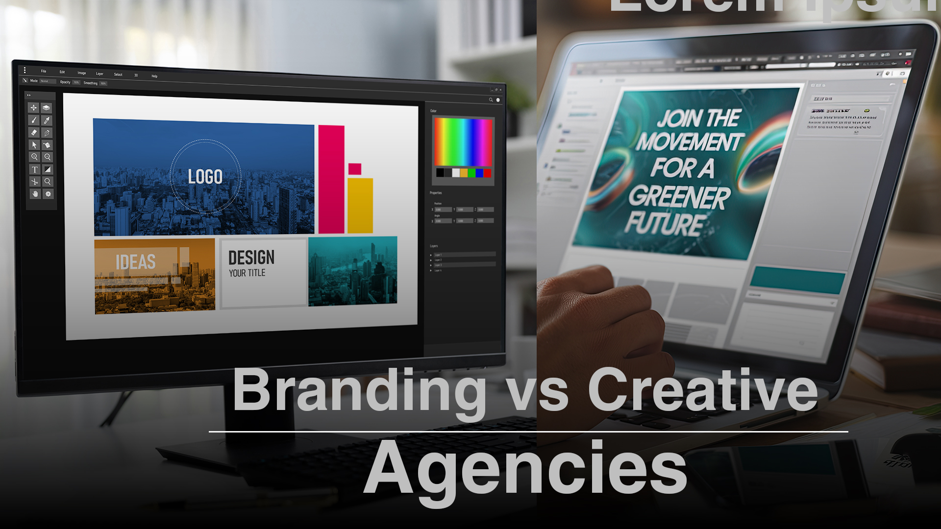 Two computer screens showing work done at a branding agency and creative agency respectively.