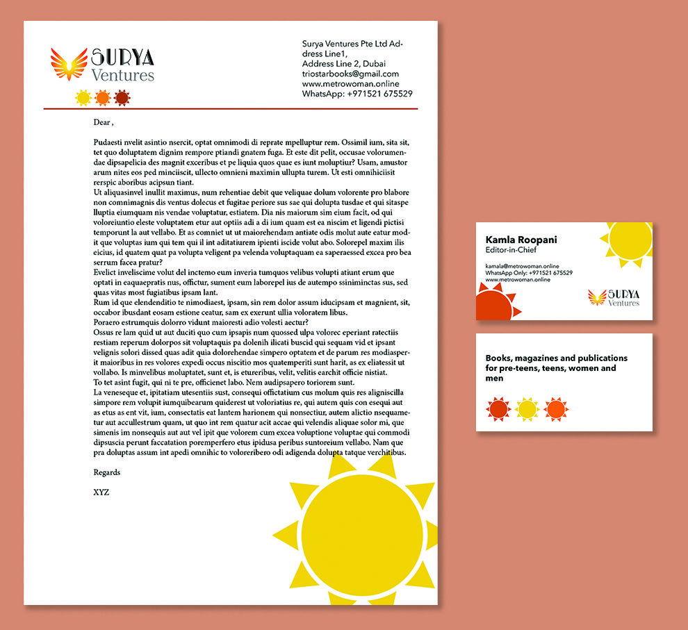 Letterhead and two business cards for Sudya Ventures featuring a yellow sun motif and contact info, on a peach background.