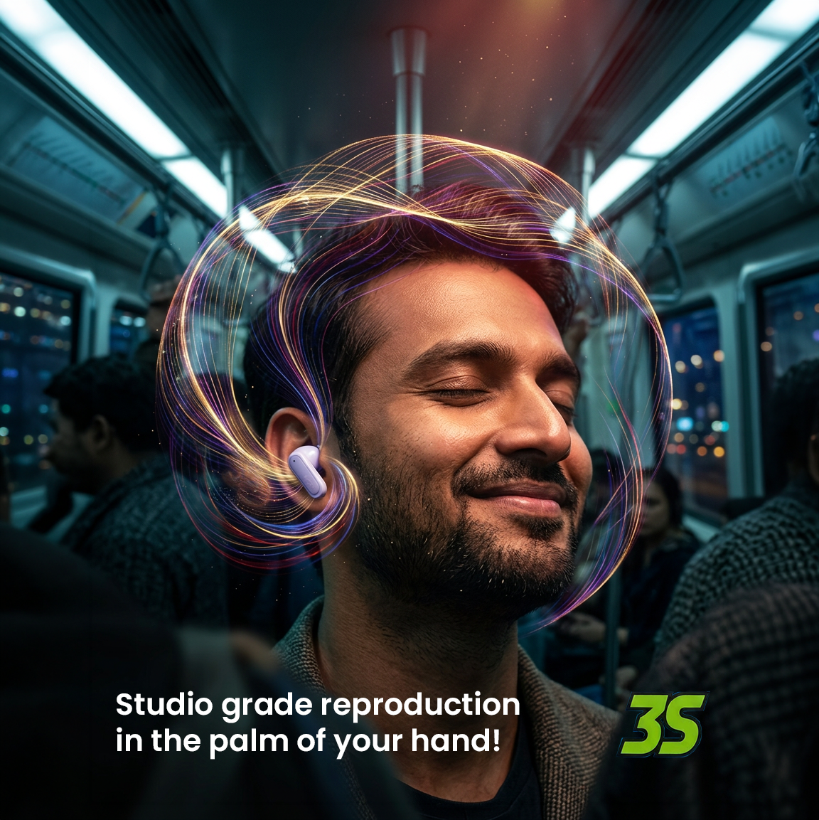 Man wearing a wireless earbud on a subway, with colorful light trails swirling around his head to suggest high-fidelity sound.
