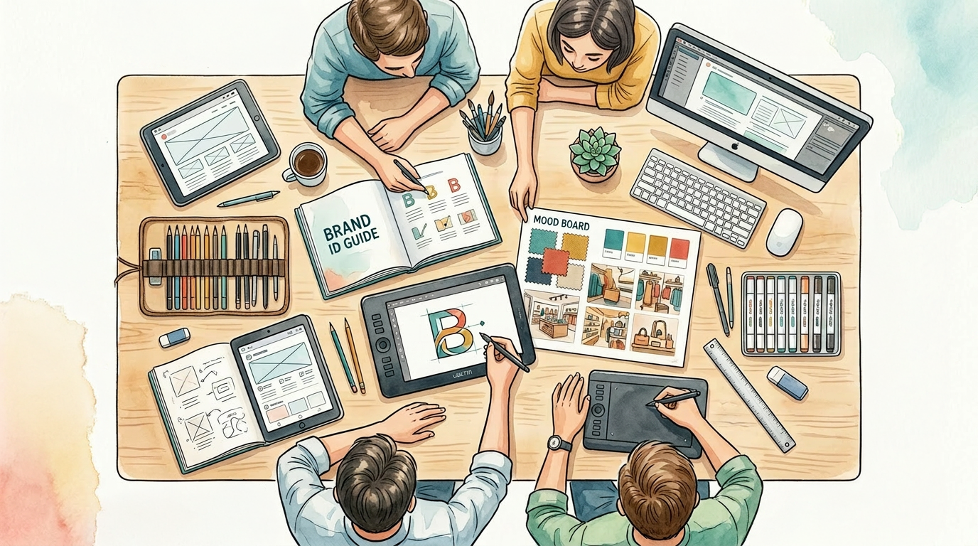 A team of designers gathered around a wooden table, using tablets, a laptop, sketchbooks, and mood boards to collaborate on branding ideas.