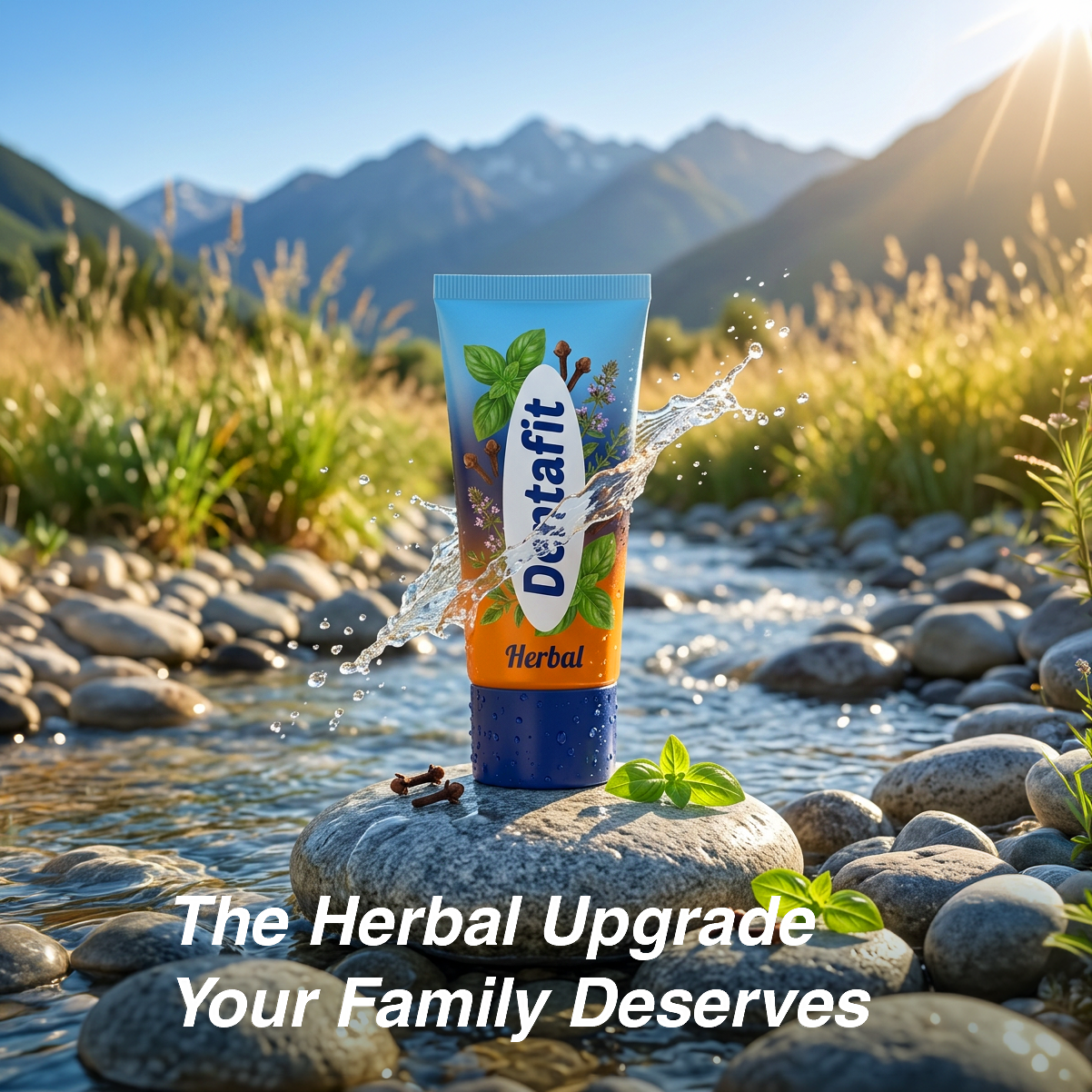 Detafit Herbal toothpaste tube on a rock in a shallow stream, with mountains and bright sun in the background.