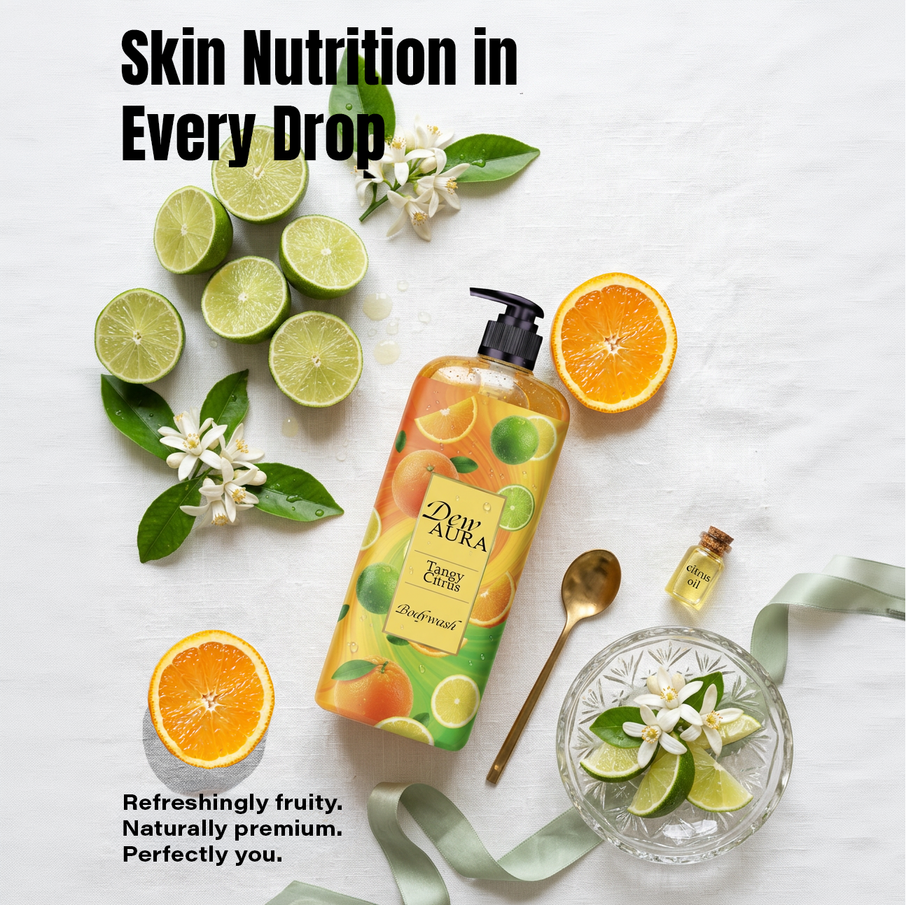Promotional image of Dew Aura Tangy Citrus body wash surrounded by lime halves, orange slices, and white blossoms on a white background.