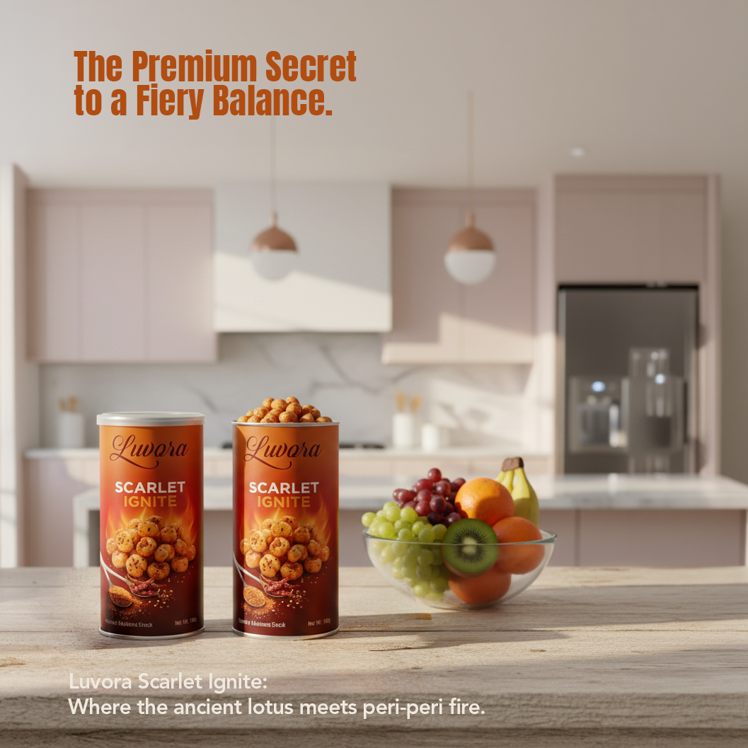 Two Luwora Scarlet Ignite cans on a kitchen island with a bowl of fruit, ad headline in the top left reading ‘The Premium Secret to a Fiery Balance.’