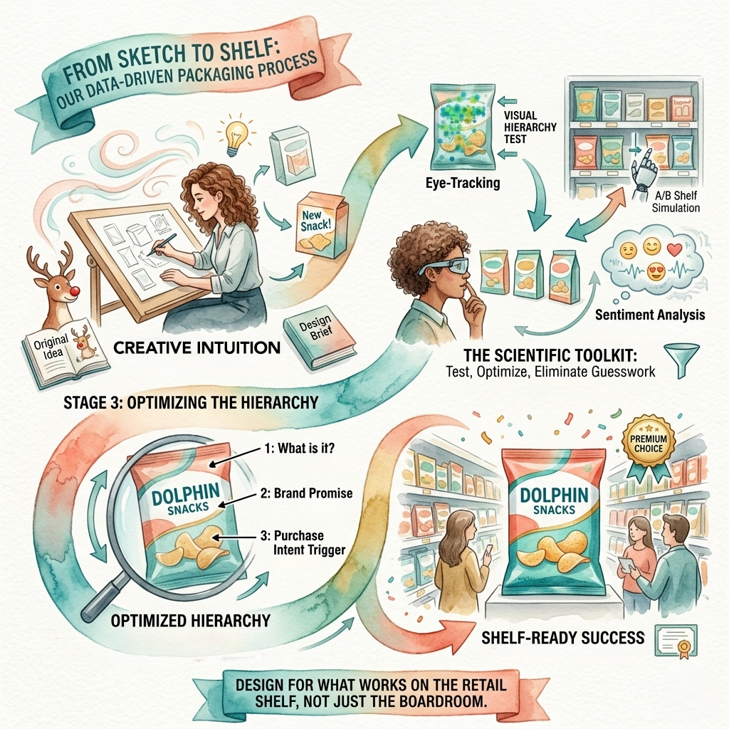 An infographic illustrating a data-driven packaging process. It shows a 'Creative Intuition' stage where a designer sketches, followed by 'Scientific Toolkit' testing with eye-tracking and shelf simulations. Finally, it presents an 'Optimized Hierarchy' of elements leading to 'Shelf-Ready Success' and a 'Premium Choice' badge.