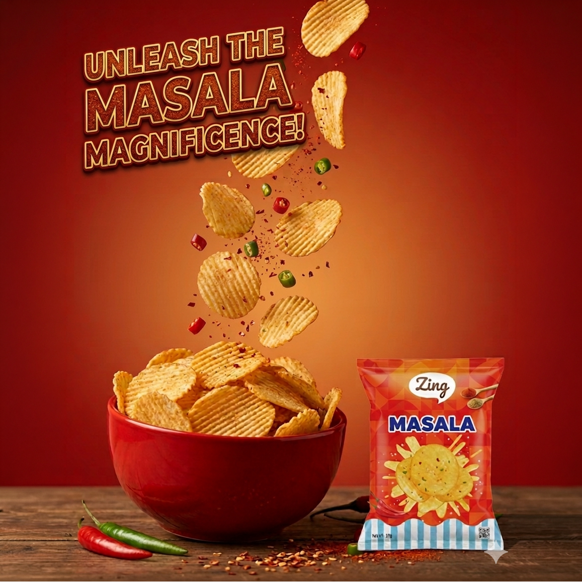 Bold red ad for Zing Masala chips: chips spill from a red bowl toward a bag labeled 'Zing Masala' with the headline 'Unleash the Masala Magnificence'
