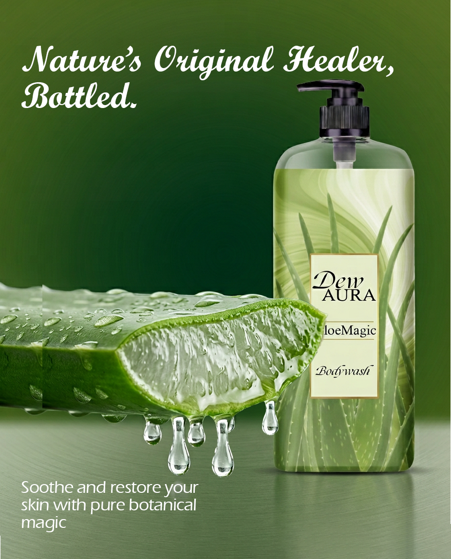 Green bottle of Dew Aura Aloe Magic body wash beside a sliced, droplets-covered aloe leaf on a green backdrop with the slogan 'Nature's Original Healer, Bottled.'