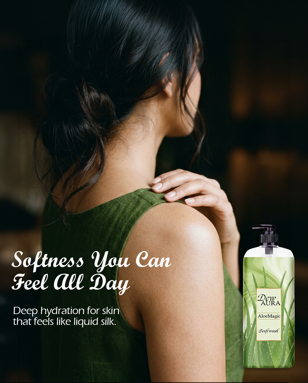 Back view of a woman in a green sleeveless top, with an AloeMagic body wash bottle to the right promoting hydration.