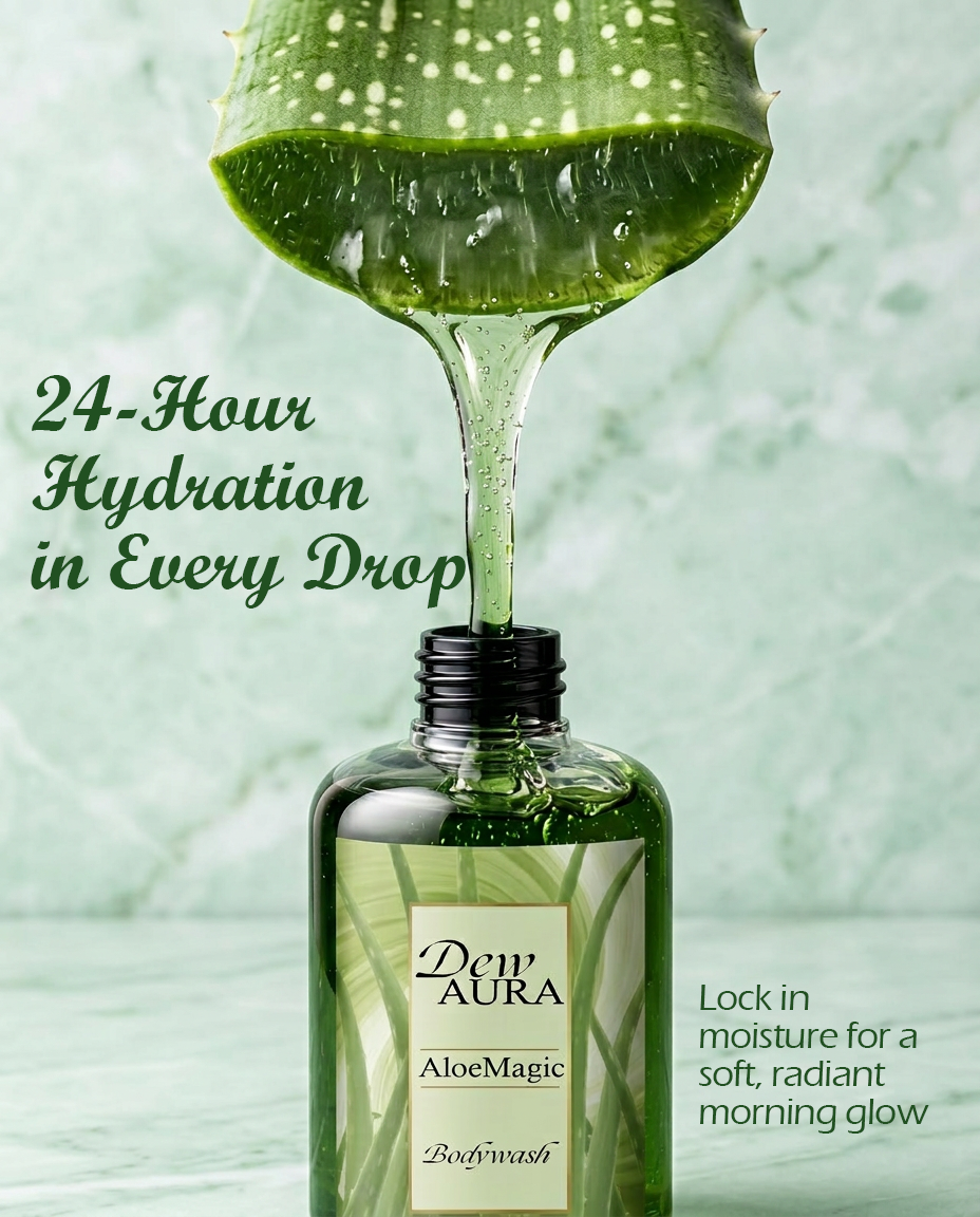 Green Dew Aura AloeMagic bodywash bottle with aloe gel dripping from a leaf; left slogan reads '24-Hour Hydration in Every Drop' for an ad image.