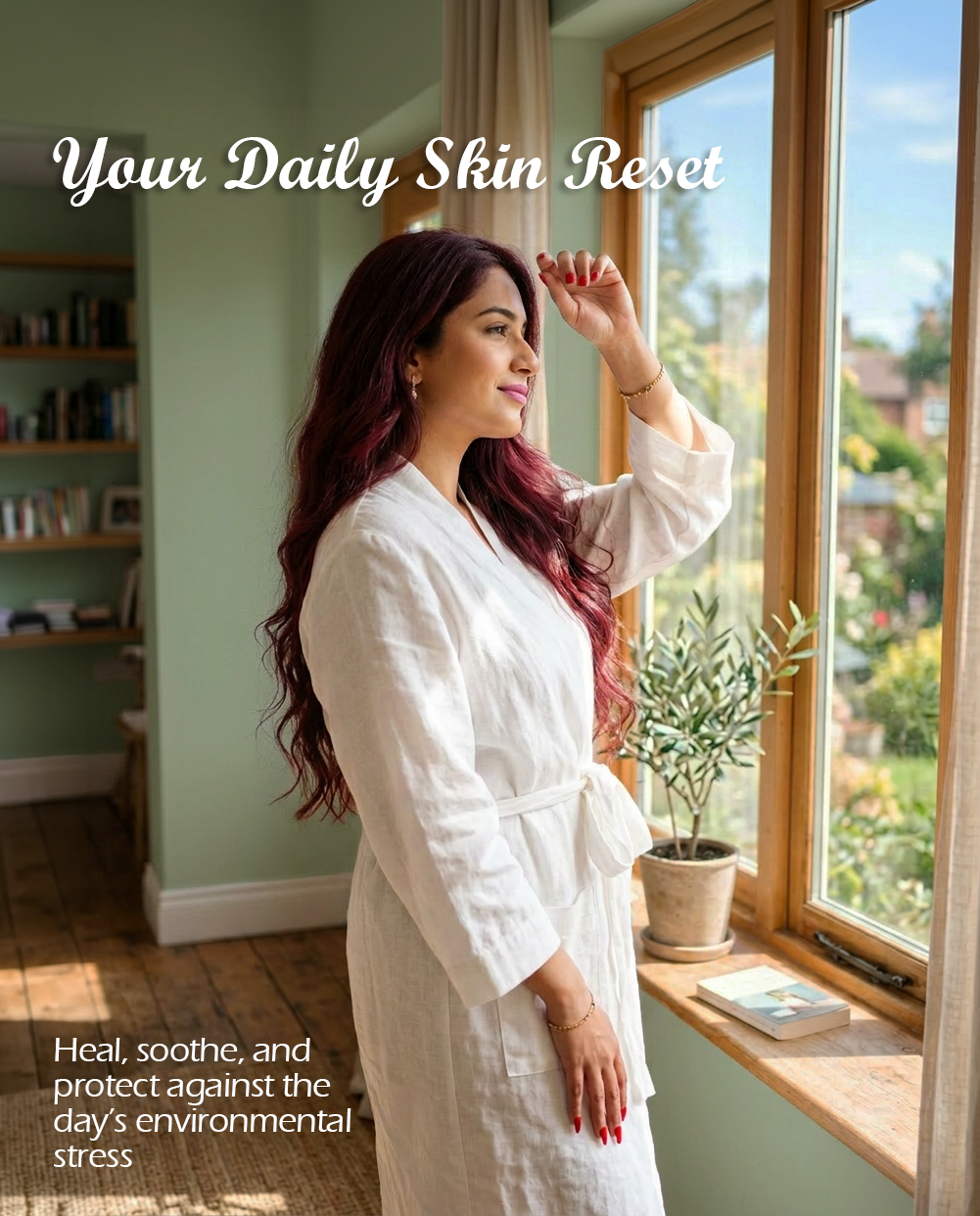Woman in a white robe standing by a sunlit window; overlay text reads 'Your Daily Skin Reset' with a subtitle about healing and protecting skin from environmental stress.