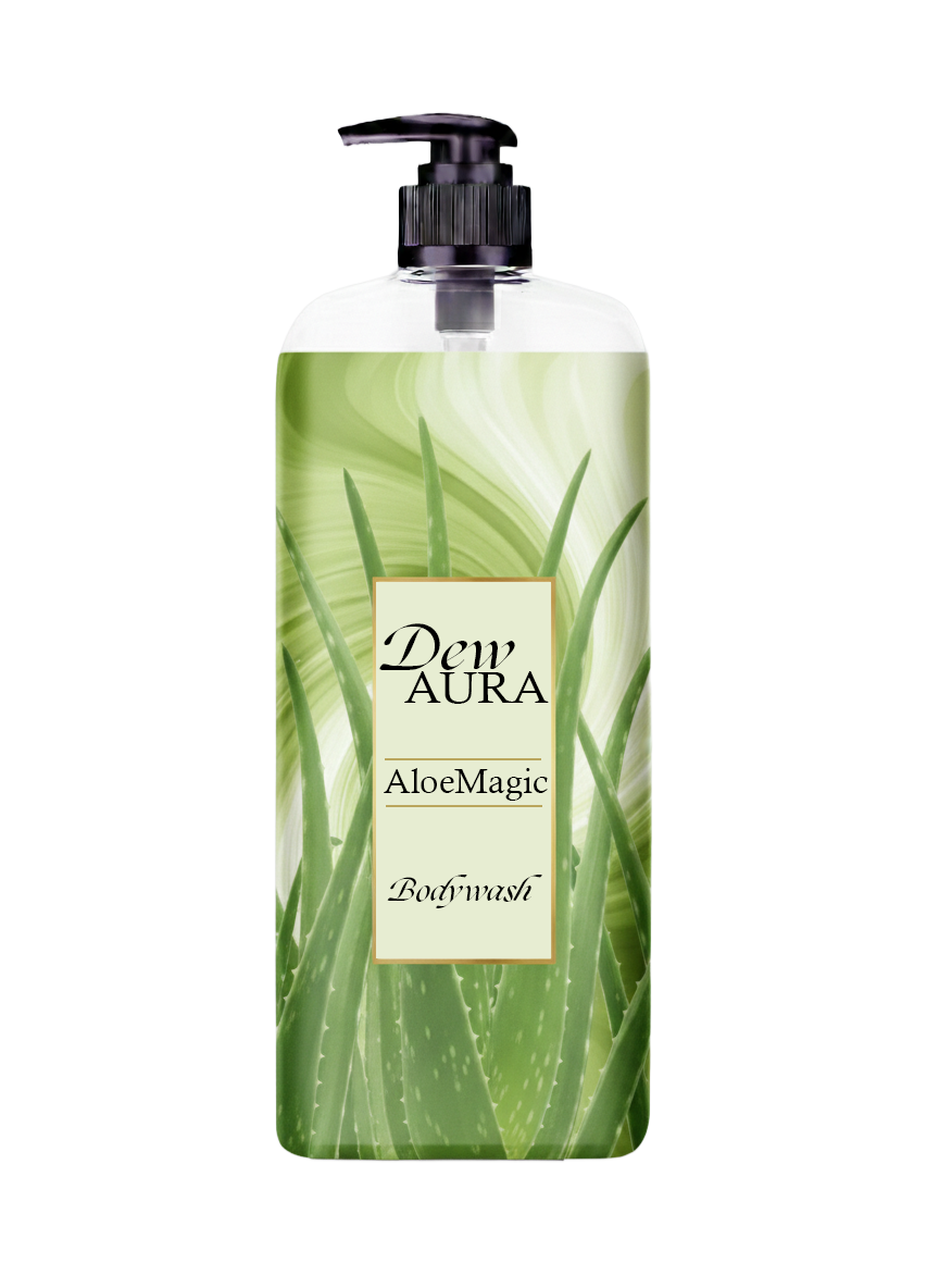 Dew Aura AloeMagic Bodywash bottle with green aloe leaf design and pump dispenser.