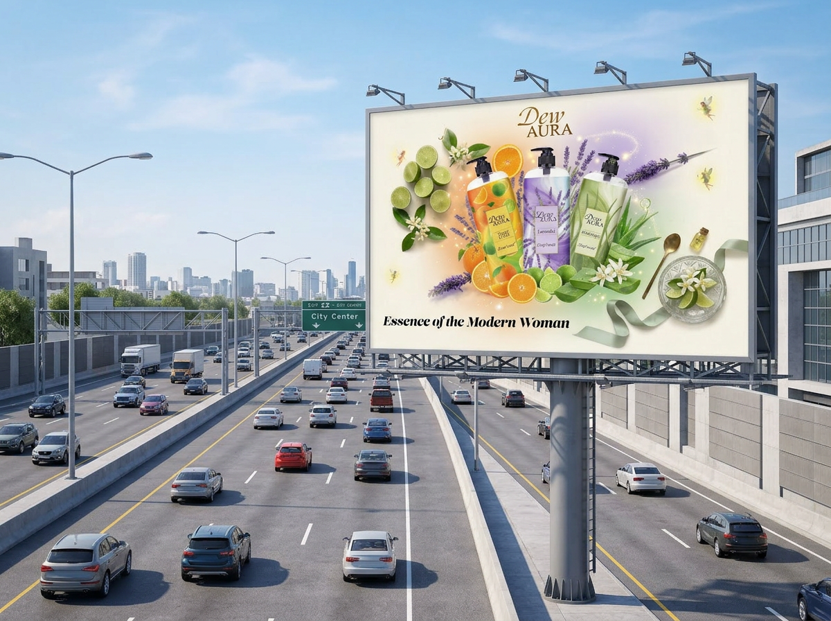 Billboard advertising Dew Aura beauty products above a busy highway with cars in both directions and city skyline in the distance