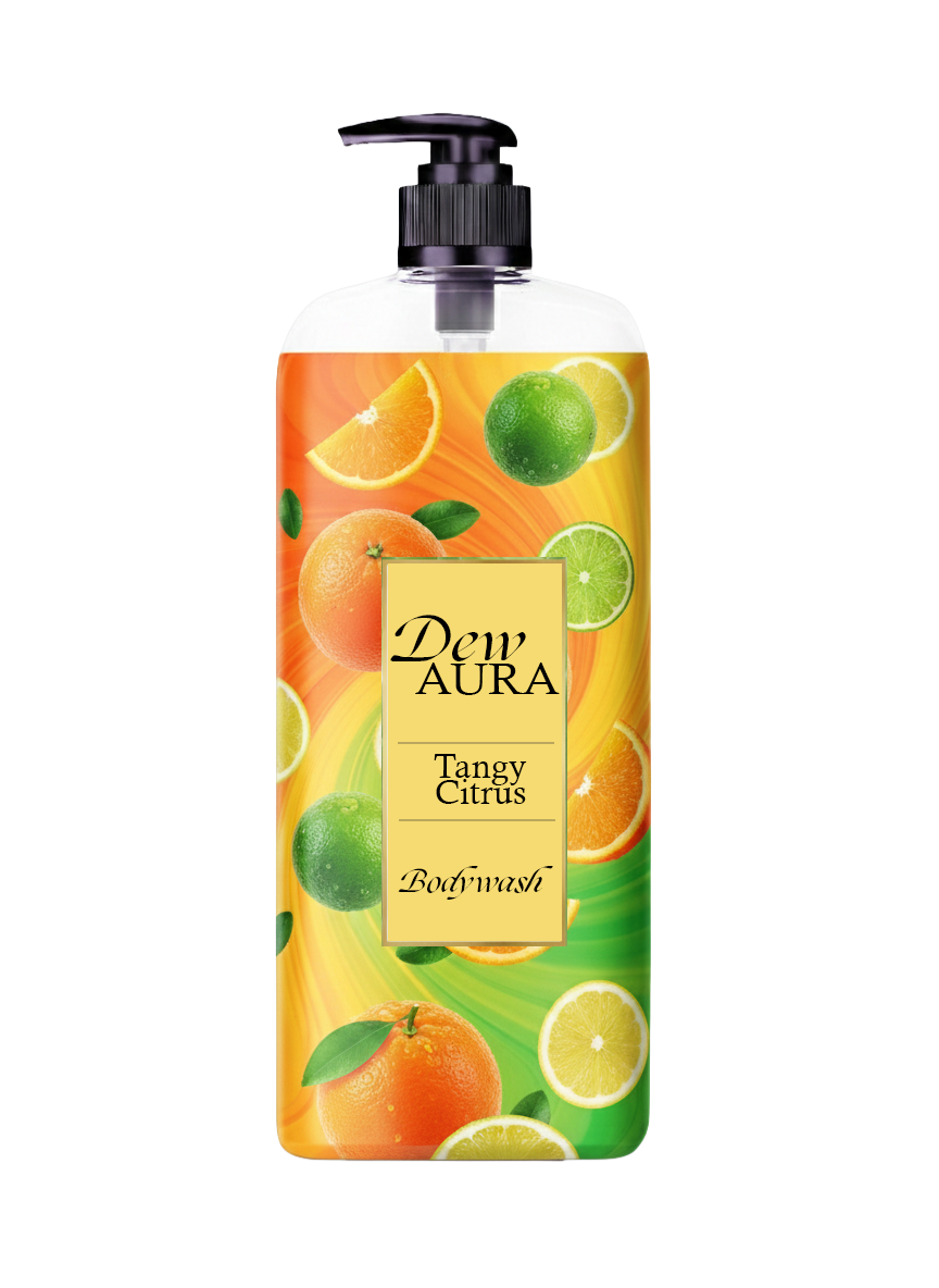 Tall bottle of Dew Aura Tangy Citrus Bodywash with a purple pump and a colorful citrus label.