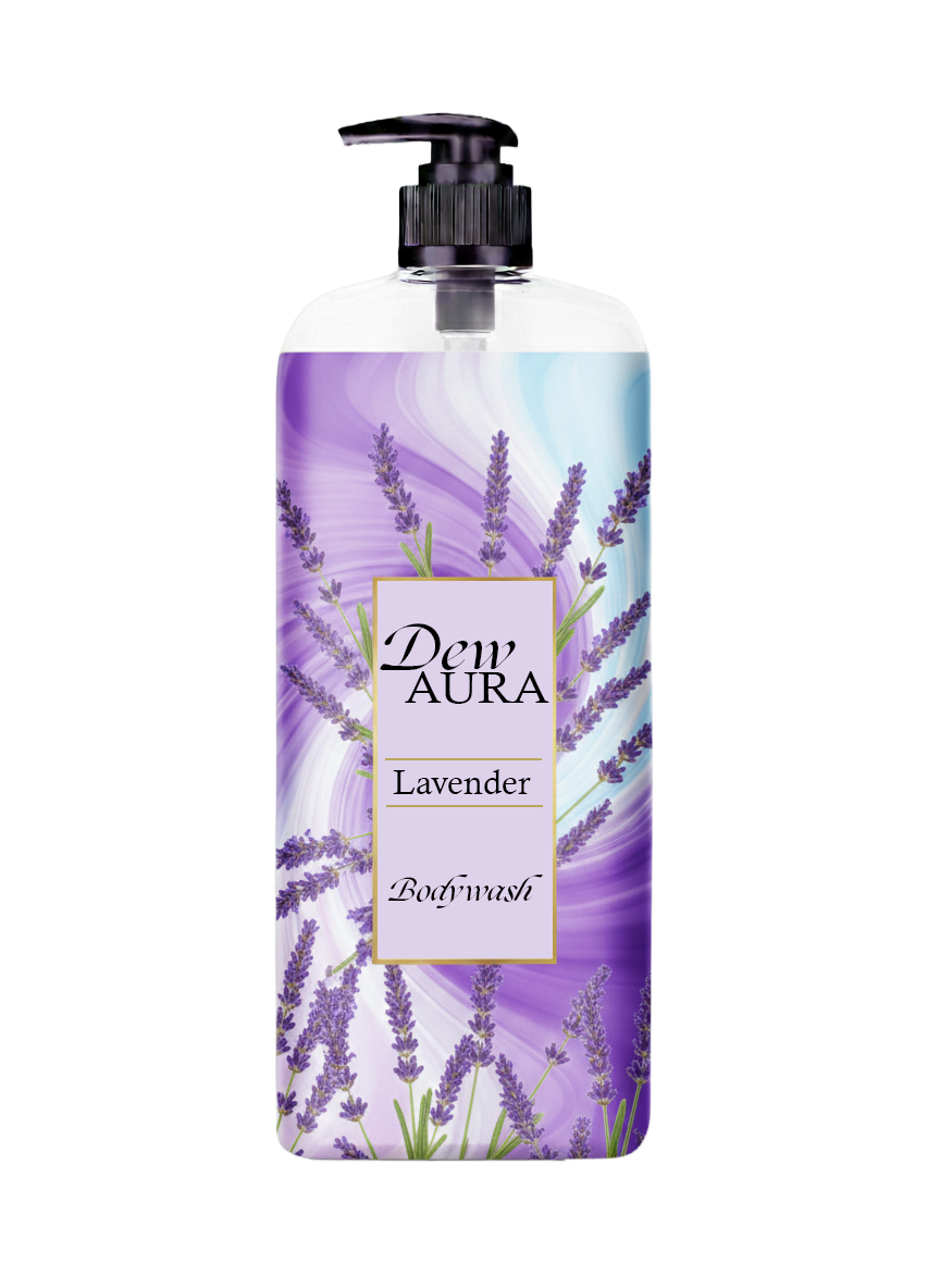 Bottle of Dev Aura Lavender Bodywash with a purple lavender floral label and pump top