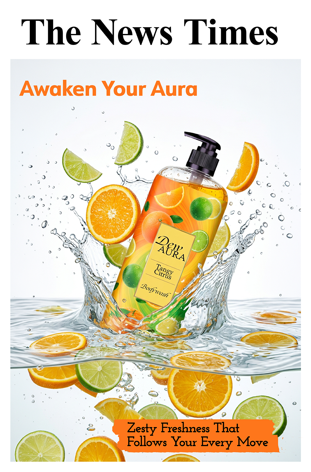 Advertisement image showing a citrus-scented body wash bottle bursting through water with orange and lime slices, headline 'Awaken Your Aura' above it, and an orange promo banner reading 'Zesty Freshness That Follows Your Every Move'