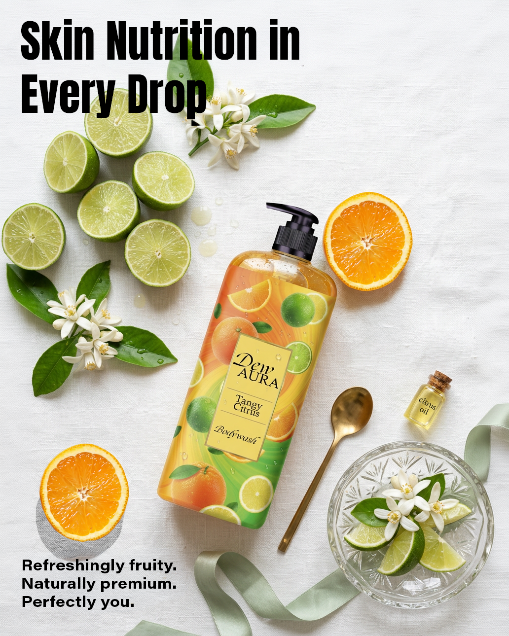 Dew Aura Tangy Citrus body wash bottle among lime halves, orange slice, blossoms; headline reads 'Skin Nutrition in Every Drop'.