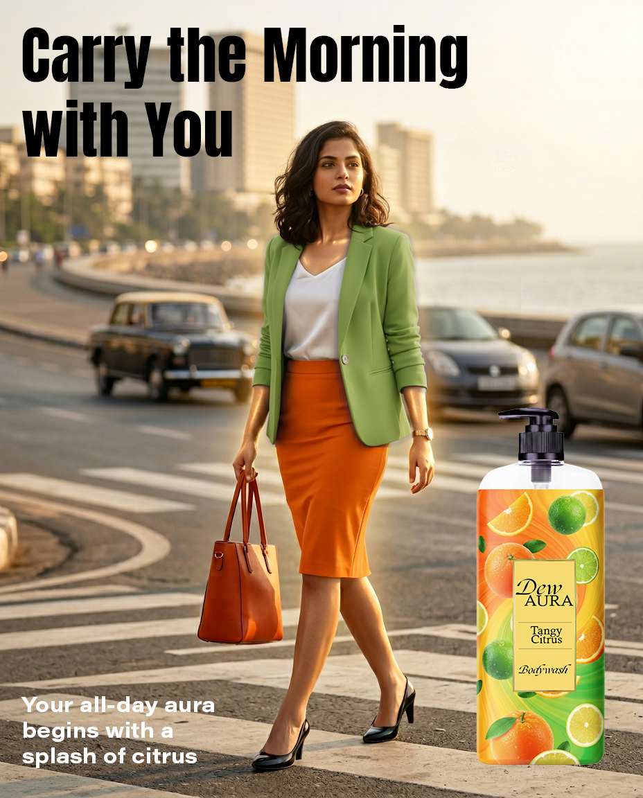 Woman in a green blazer and orange pencil skirt walking across a crosswalk by the waterfront; a large Dew Aura Tangy Citrus Bodywash bottle appears on the right, with the headline 'Carry the Morning With You' shown in bold text.