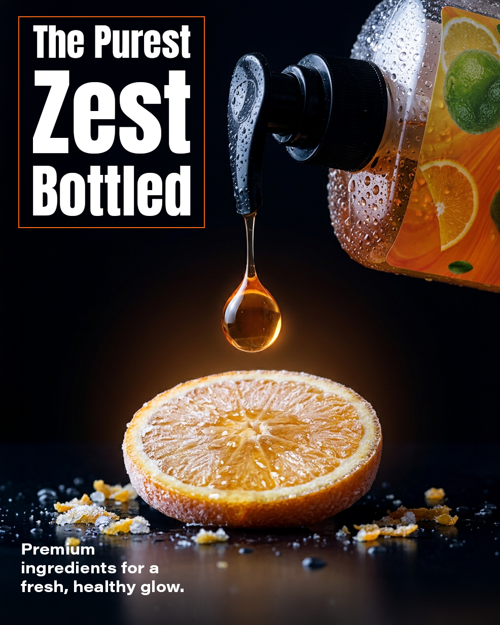 Advertisement: citrus juice bottle pouring onto a halved orange with bold white text 'The Purest Zest Bottled' on the left; caption reads 'Premium ingredients for a fresh, healthy glow.'
