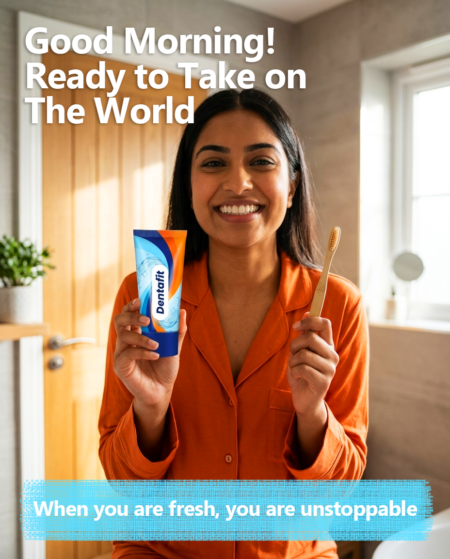 Smiling woman in an orange shirt holds toothpaste and a toothbrush in a bright bathroom; morning motivational text overlays.