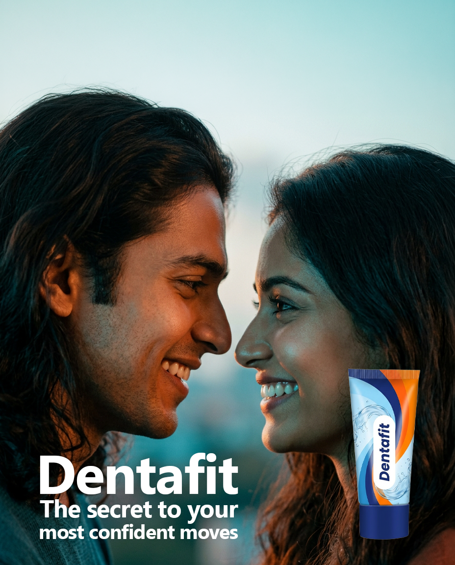 Smiling couple sharing a moment with a Dentafit toothpaste tube, advertising confident smiles.