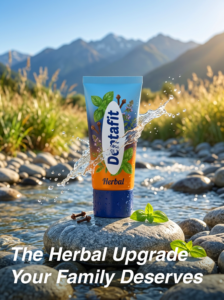 Herbal toothpaste tube standing upright on a smooth rock beside a flowing stream, splash of water around it, with mountains and sunlight in the background. The bottom text reads: 'The Herbal Upgrade Your Family Deserves'.