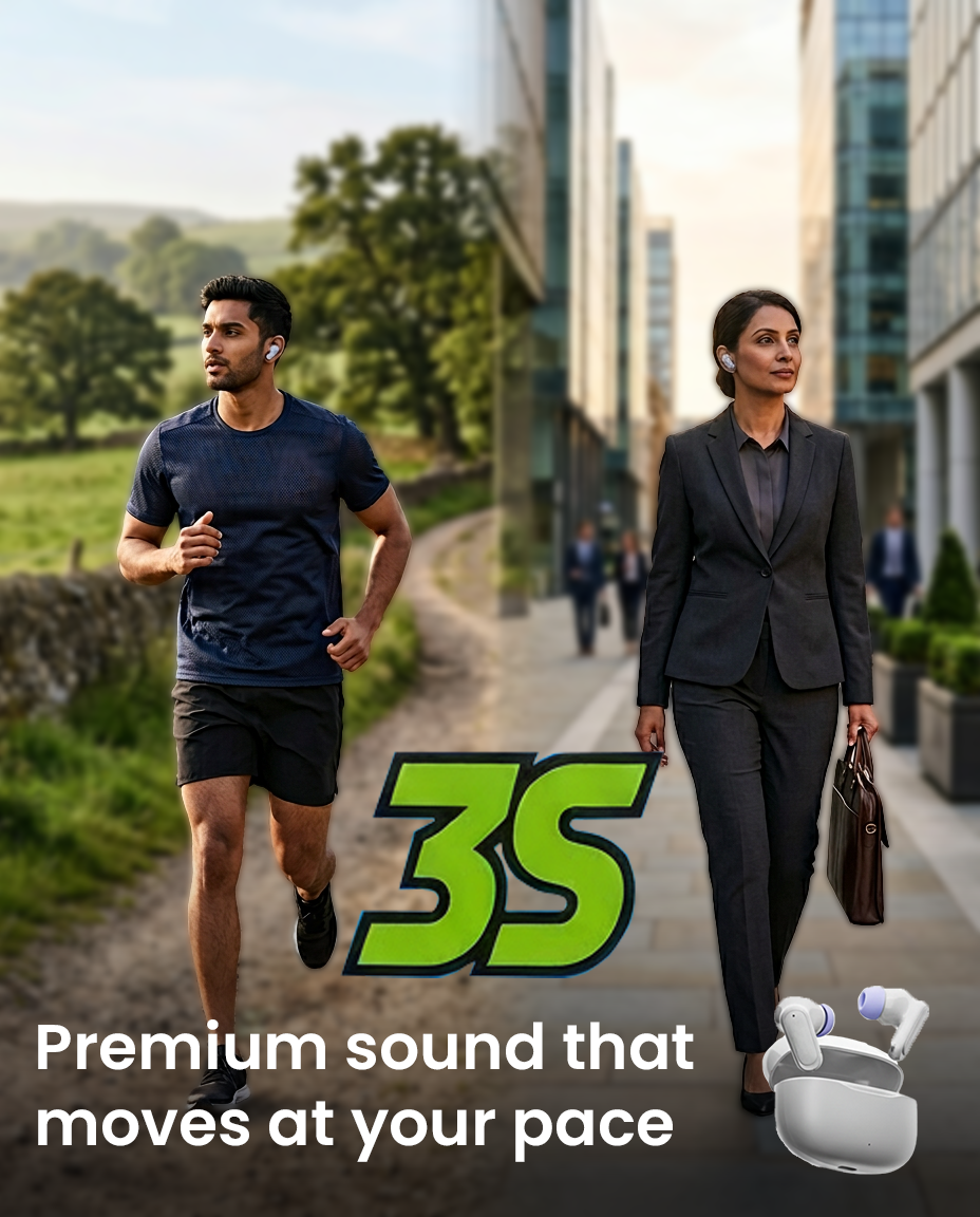 Man jogging and businesswoman walking in a city, with 3S logo and wireless earbuds in view; advertises premium sound.