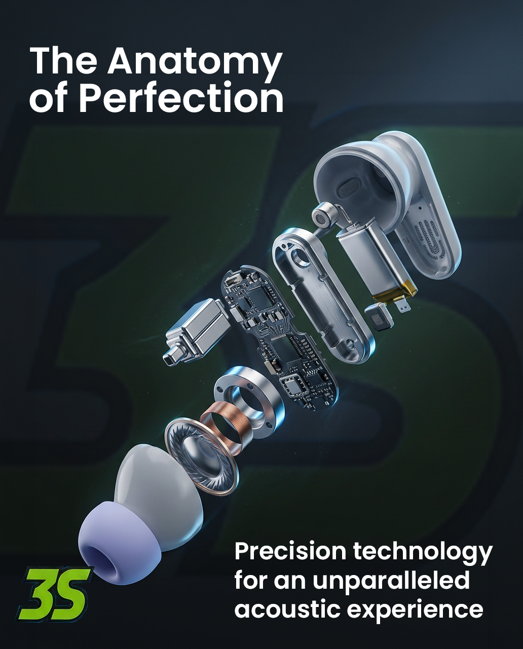 Exploded view of a wireless earbud showing internal components, conveying precision engineering and the headline 'The Anatomy of Perfection'.