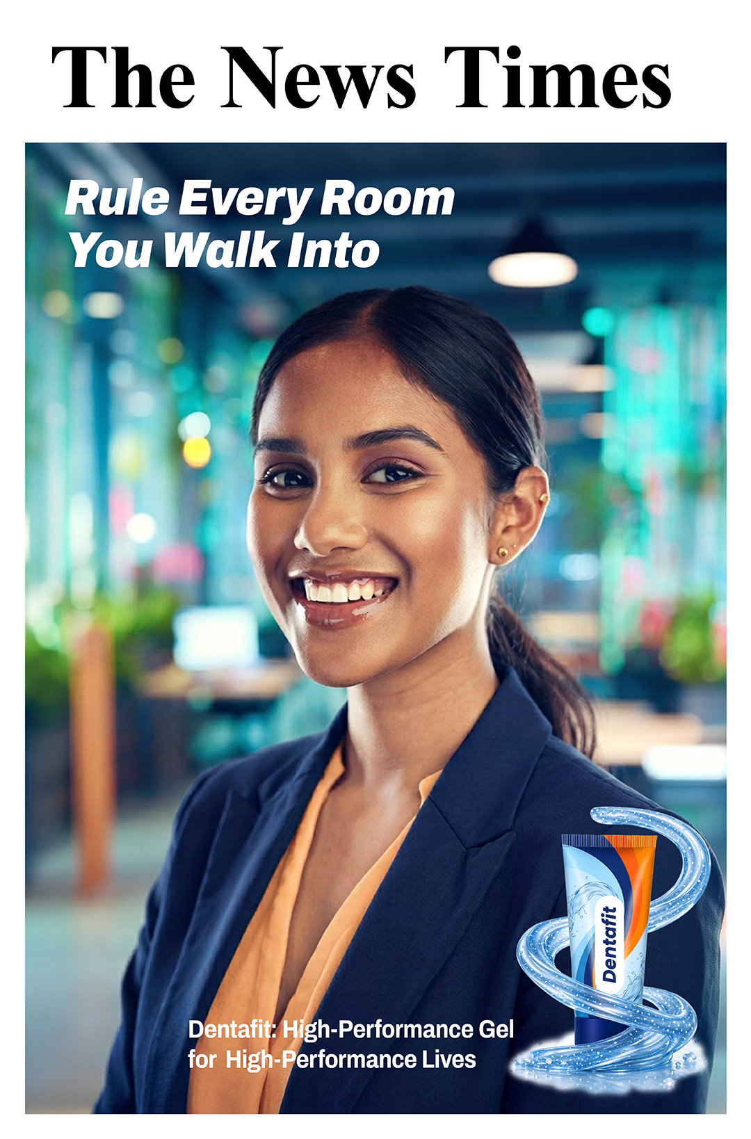Ad poster with a smiling woman in a navy blazer; Dentafit toothpaste appears on her sleeve and the headline reads 'Rule Every Room You Walk Into'.