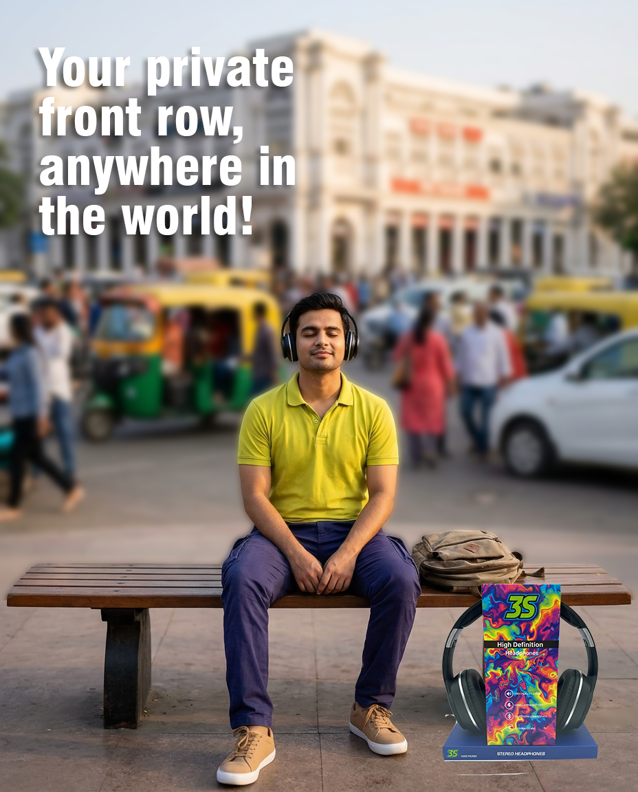 Man in a lime polo sits on a bench wearing headphones in a busy street; a colorful headphones box is beside him on the ground.