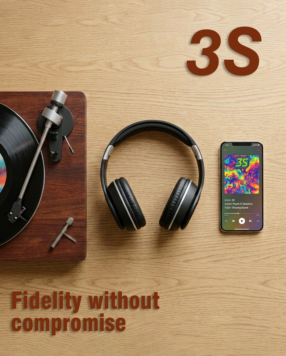 Promotional audio scene: vinyl turntable, over‑ear headphones, and a smartphone on a wooden surface with the 3S logo and 'Fidelity without compromise' slogan.