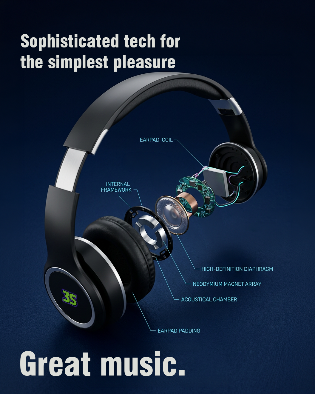 Exploded diagram of over-ear headphones showing internal components (earpads, magnets, diaphragm, coil) with labels and the ad slogan above.
