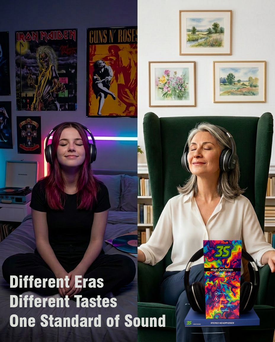 Split-screen image: a young woman with headphones sits cross-legged in a neon-lit room on the left, older woman with headphones in a bright room on the right, with a colorful headphone box between them; text reads 'Different Eras Different Tastes One Standard of Sound'.
