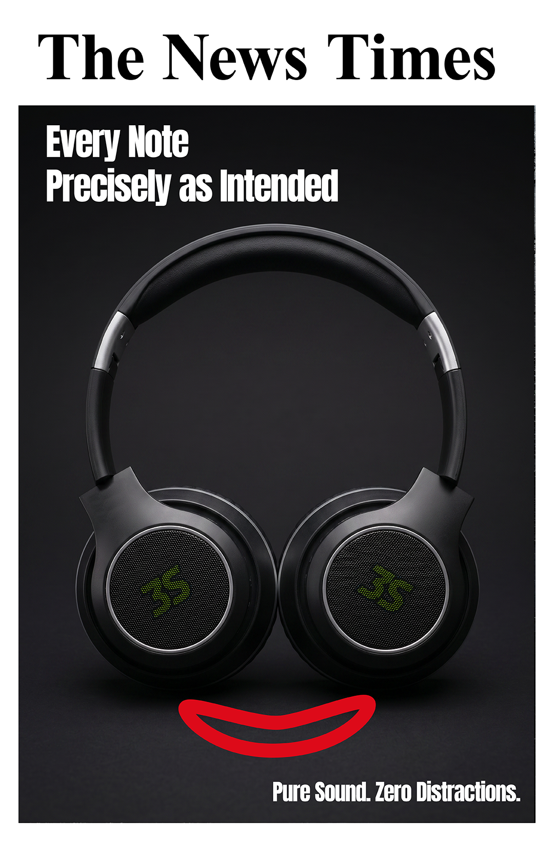 Banner ad showing black over-ear headphones against a dark background with bold white text: 'Every Note Precisely as Intended' and 'Pure Sound. Zero Distractions.'