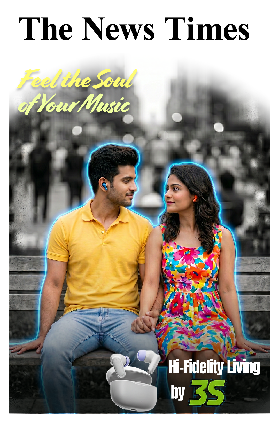 Couple sits on a bench wearing wireless earbuds, looking at each other, neon blue outlines around them; music ad for Hi-Fidelity Living.