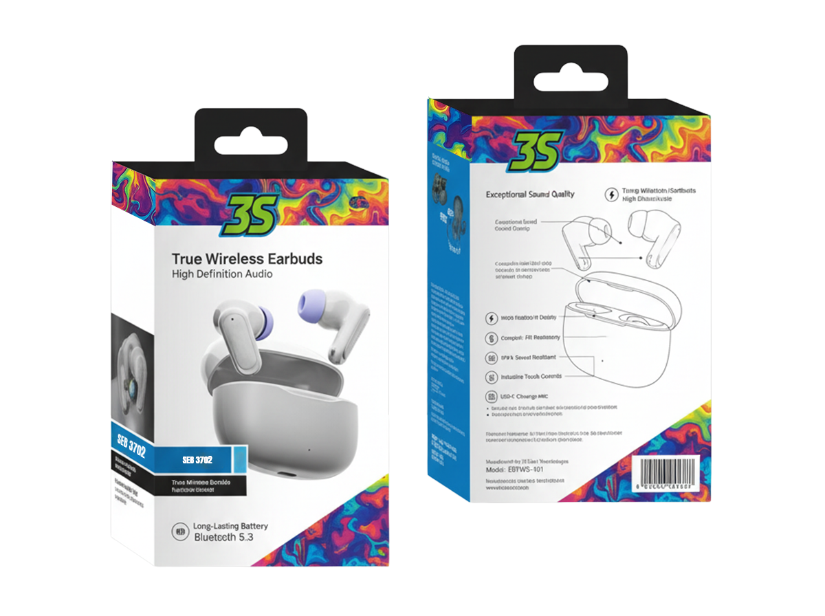 Front and back views of colorful True Wireless Earbuds packaging showing a white charging case and buds on the front panel and a schematic on the back panel, with vibrant top borders.