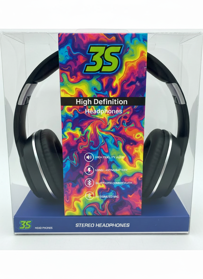Over-ear headphones in a clear display box with a bright, swirling color label reading '3S High Definition Headphones' and 'Stereo Headphones' on a blue base.