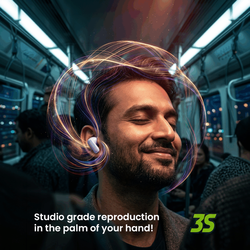 Smiling man wearing a wireless earbud on a train, colorful light trails loop around his head, with the caption: 'Studio grade reproduction in the palm of your hand!' and a 3S logo in the corner.