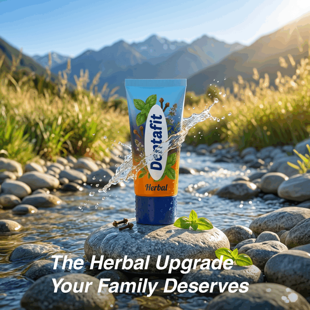 Herbal toothpaste tube standing upright on a rock in a stream, water splashing around, with mountains in the background (advertising slogan: The Herbal Upgrade Your Family Deserves).