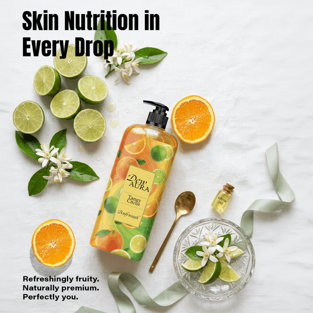 Flat lay of Dew Aura Tangy Citrus body wash surrounded by lime halves, orange slices, and white flowers.