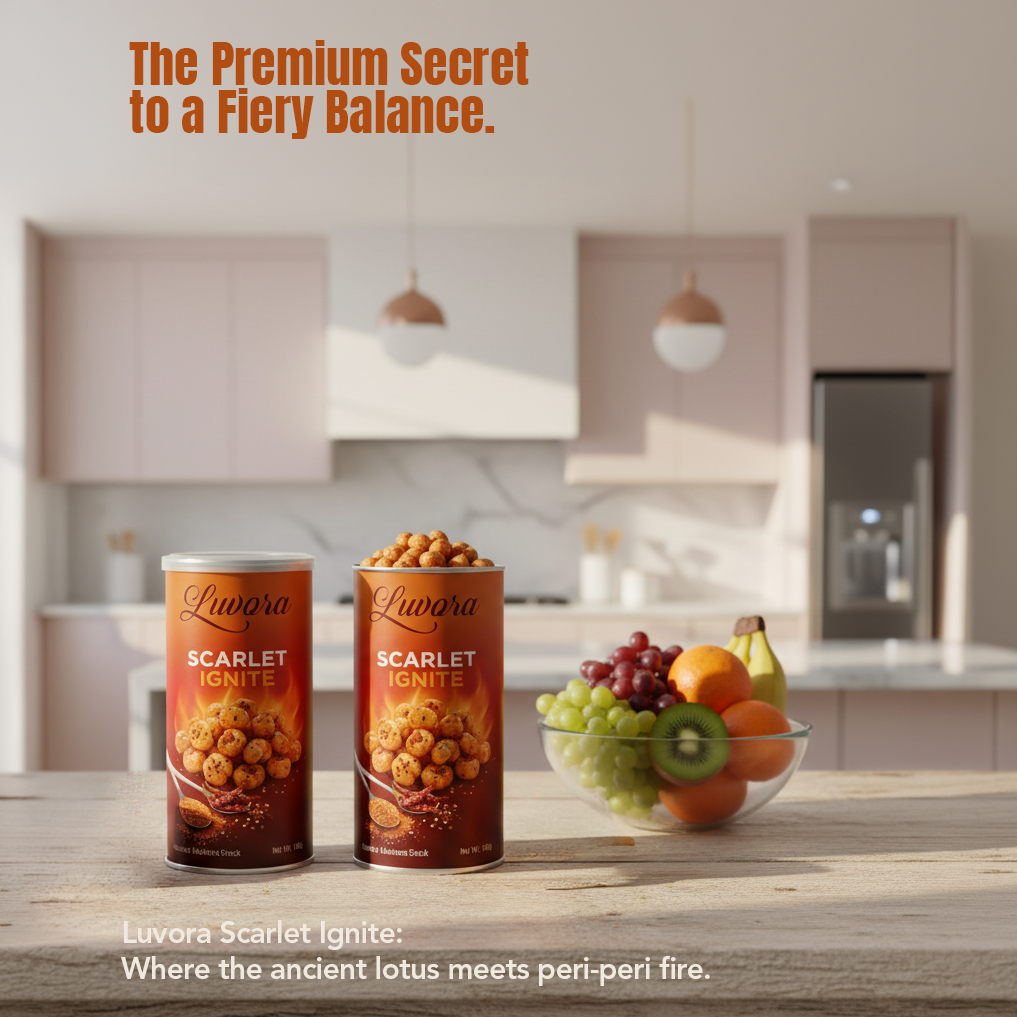 Advertisement: Two Luwora Scarlett Ignite snack cans on a wooden kitchen island with a fruit bowl, and the headline 'The Premium Secret to a Fiery Balance.'