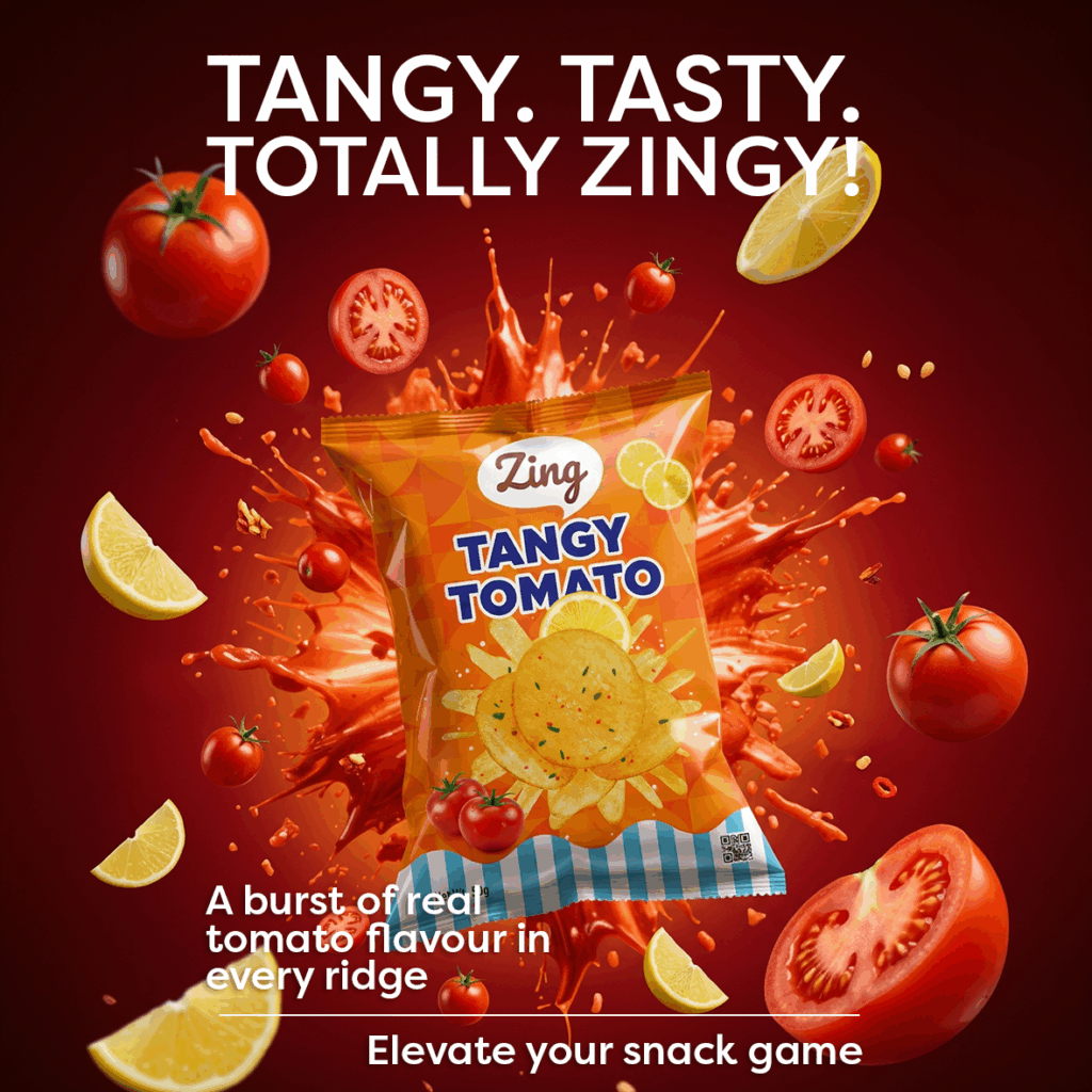 Bright red background with a Tangy Tomato Zing snack bag at the center, tomato splashes and lemon wedges suggest bold flavor.