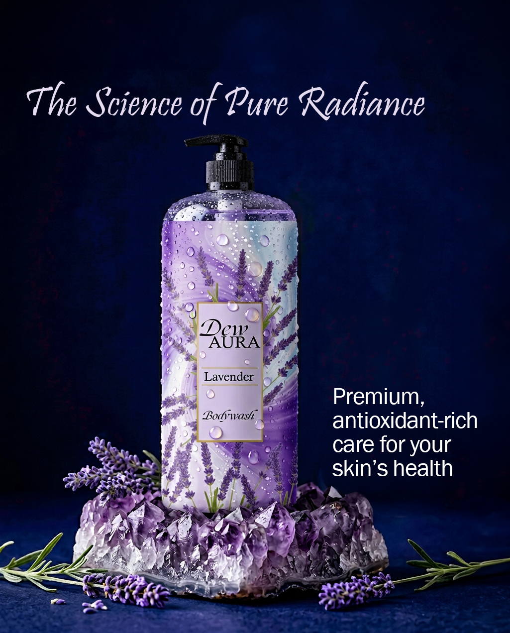 Lavender-scented body wash bottle on a purple amethyst, with promotional text 'The Science of Pure Radiance' above.