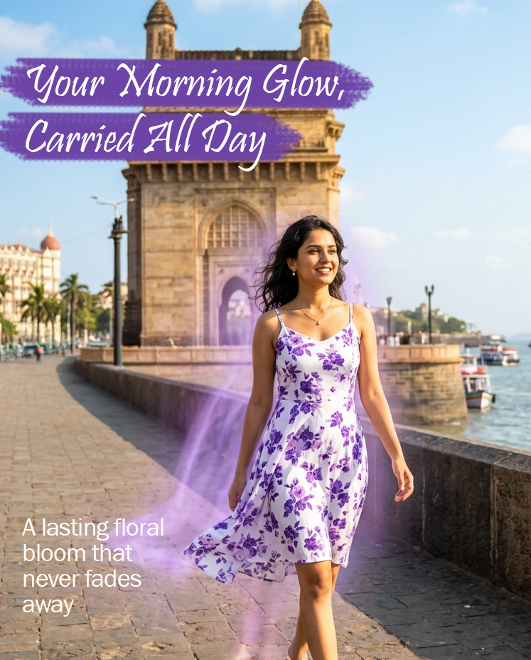 Promo image: woman in a white dress with purple floral pattern walking along a harbor beside an arched stone structure, with purple text overlays reading 'Your Morning Glow, Carried All Day'.