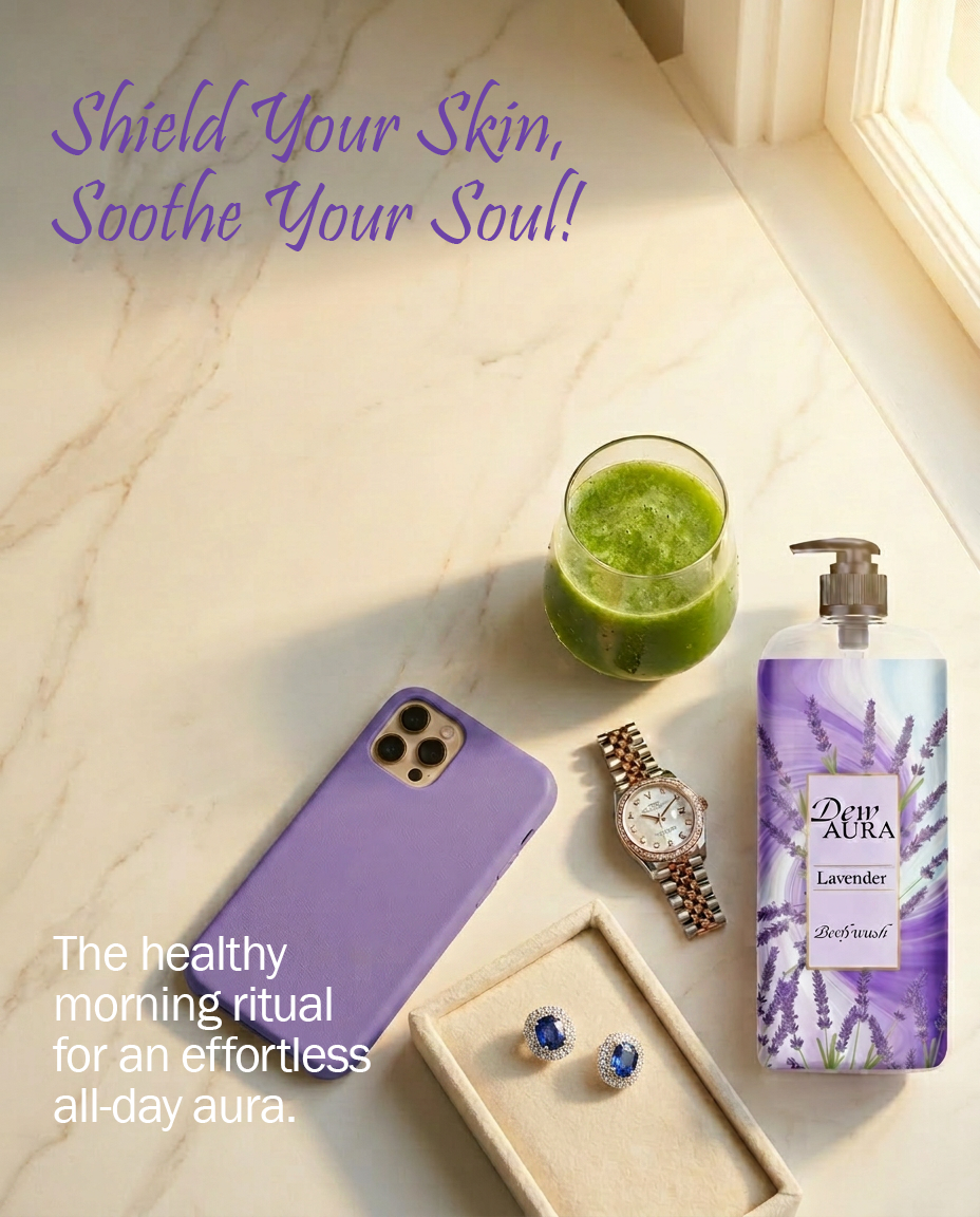 Promotional lifestyle image: lavender-themed skincare product on a marble counter with accessories; overlay text reads 'Shield Your Skin, Soothe Your Soul!'