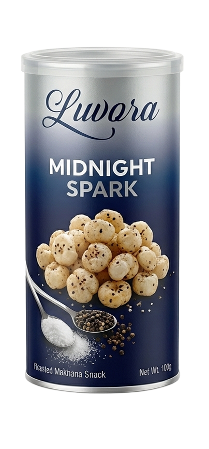 Lwora Midnight Spark roasted makhana snack tin with a pile of puffed makhana and a spoonful of salt nearby on a blue gradient can.