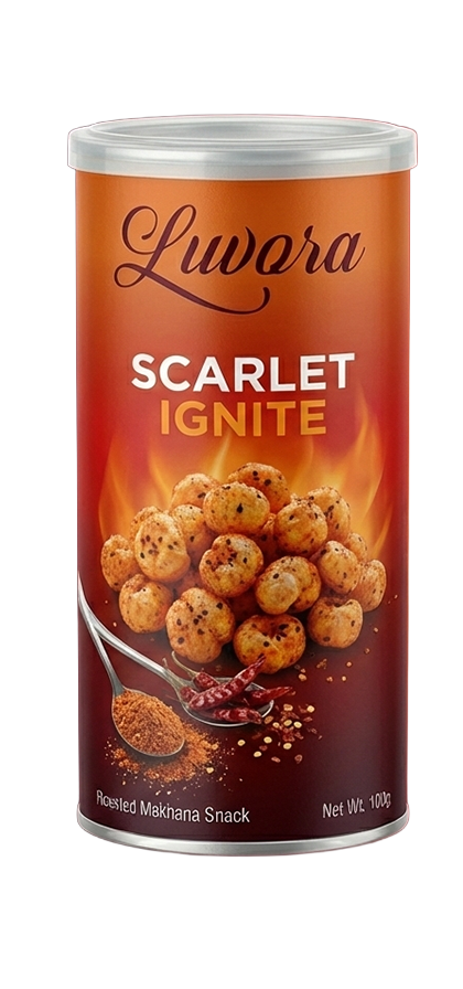 Can of Luwara Scarlet Ignite roasted makhana snack with flames in the background and the words ‘SCARLET IGNITE’ on the label.