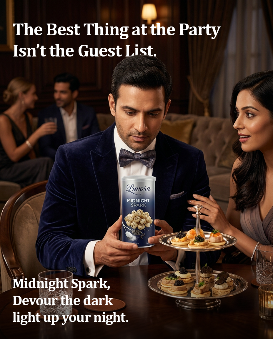 Man in a tuxedo at a classy party holds a can of Luwora Midnight Spark while a woman nearby chats; text overlays promote the drink.