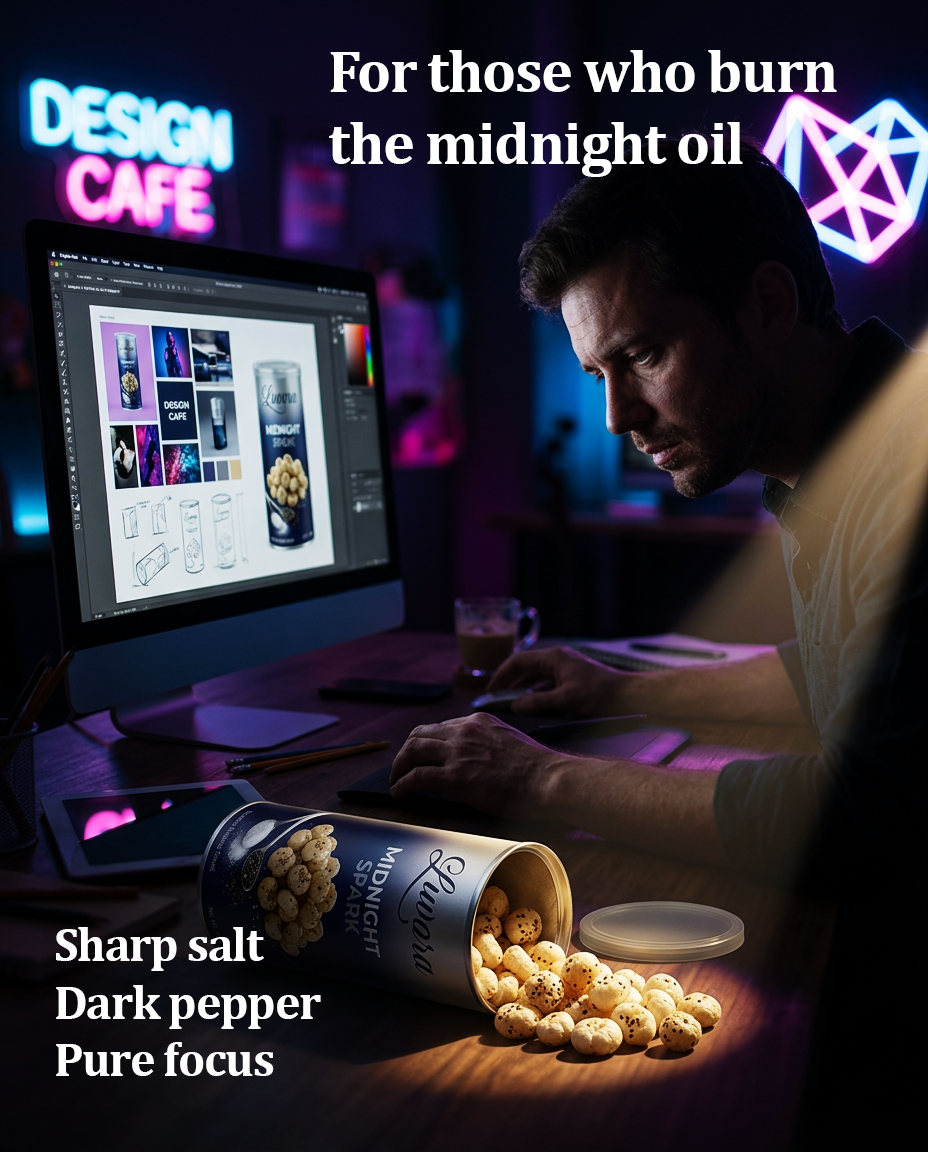 Designer working late at a computer, neon café signs glow in the background, popcorn spilled on the desk. It’s a late-night design setup with a snack.