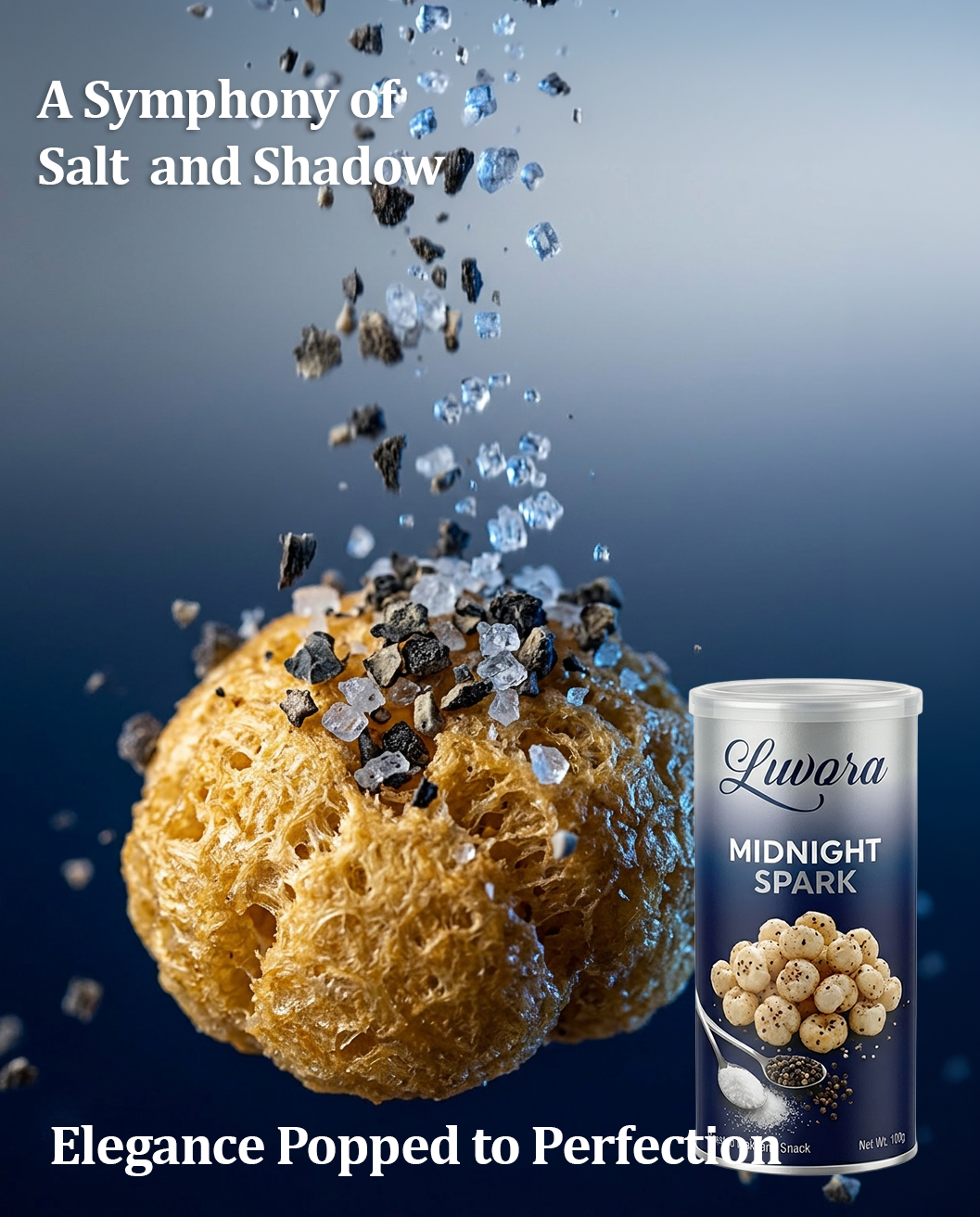 Golden, airy pastry with salt crystals cascading upward, next to a Luora Midnight Spark tin.