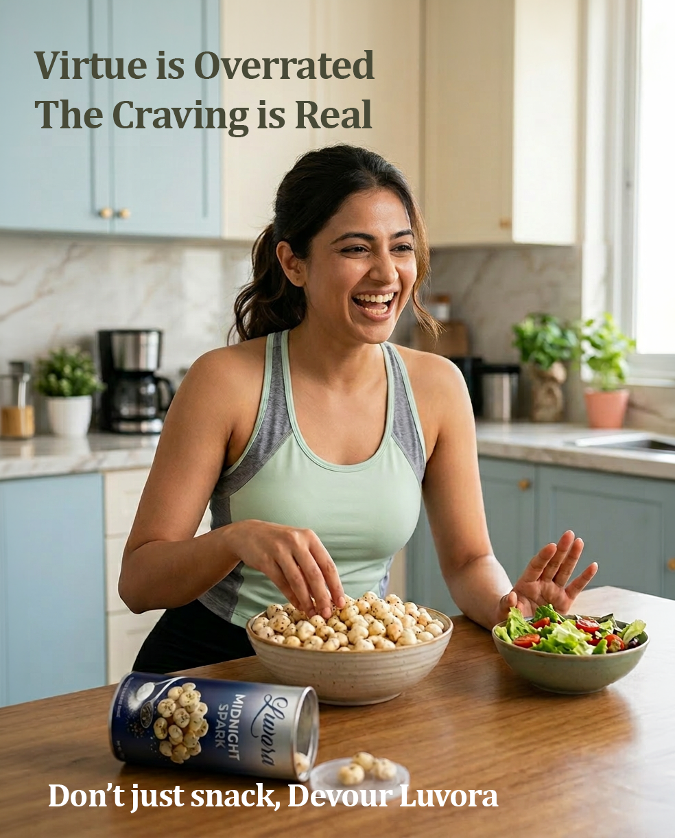Smiling woman in a bright kitchen snacks with popcorn and a salad; a can labeled Devour Luvora sits on the table; headline reads 'Virtue is Overrated The Craving is Real'.